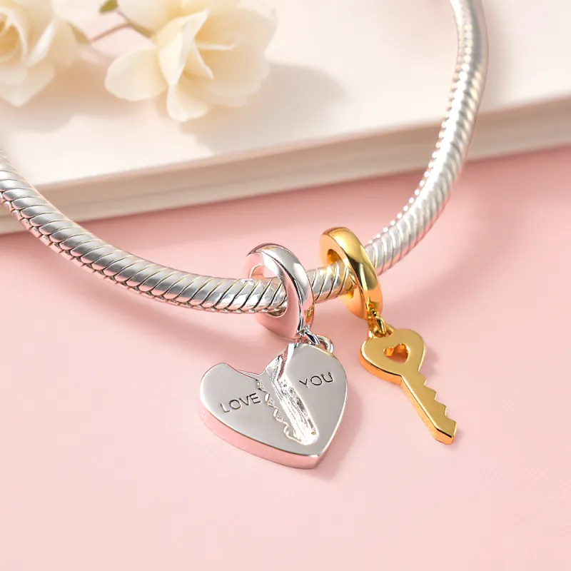 2pc Love You Heart Key Matching Couples Engraving Charm Bracelets or Necklaces 1