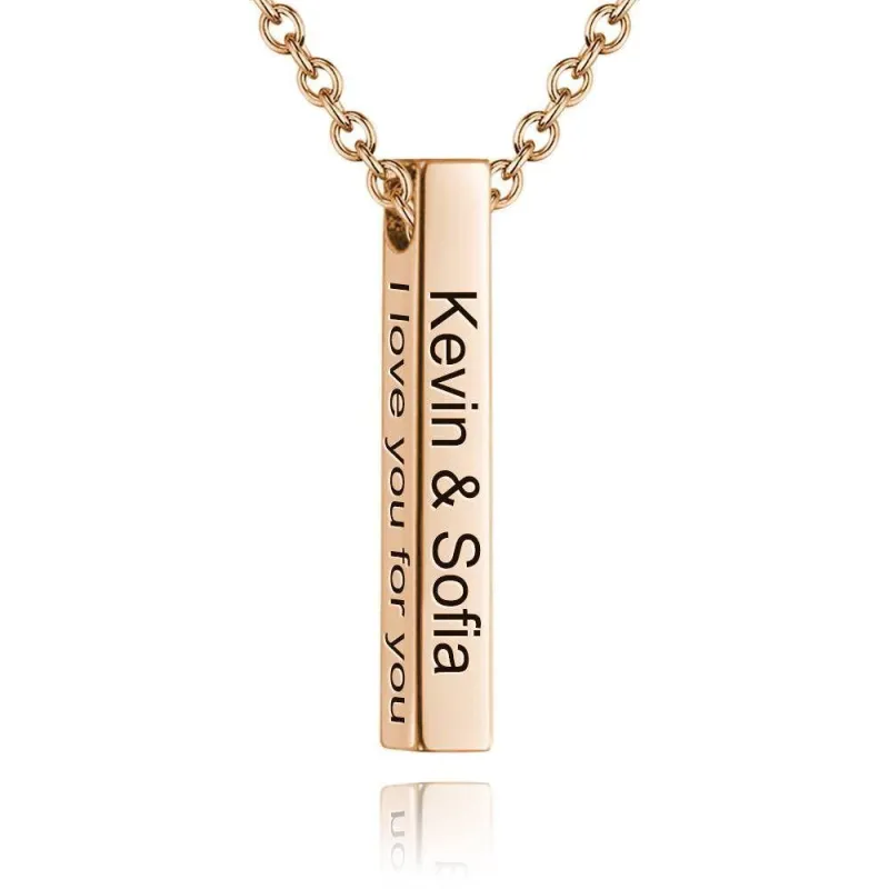 3D Engraving Bar Necklace, 4 Sided Vertical Name Necklace Rose Gold Plated