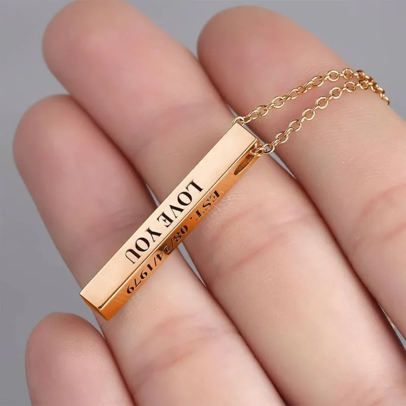 3D Engraving Bar Necklace, 4 Sided Vertical Name Necklace Rose Gold Plated 2