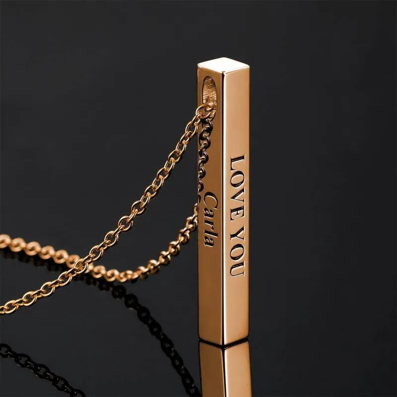 3D Engraving Bar Necklace, 4 Sided Vertical Name Necklace Rose Gold Plated 3