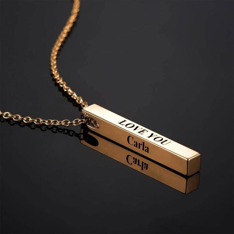 3D Engraving Bar Necklace, 4 Sided Vertical Name Necklace Rose Gold Plated 4