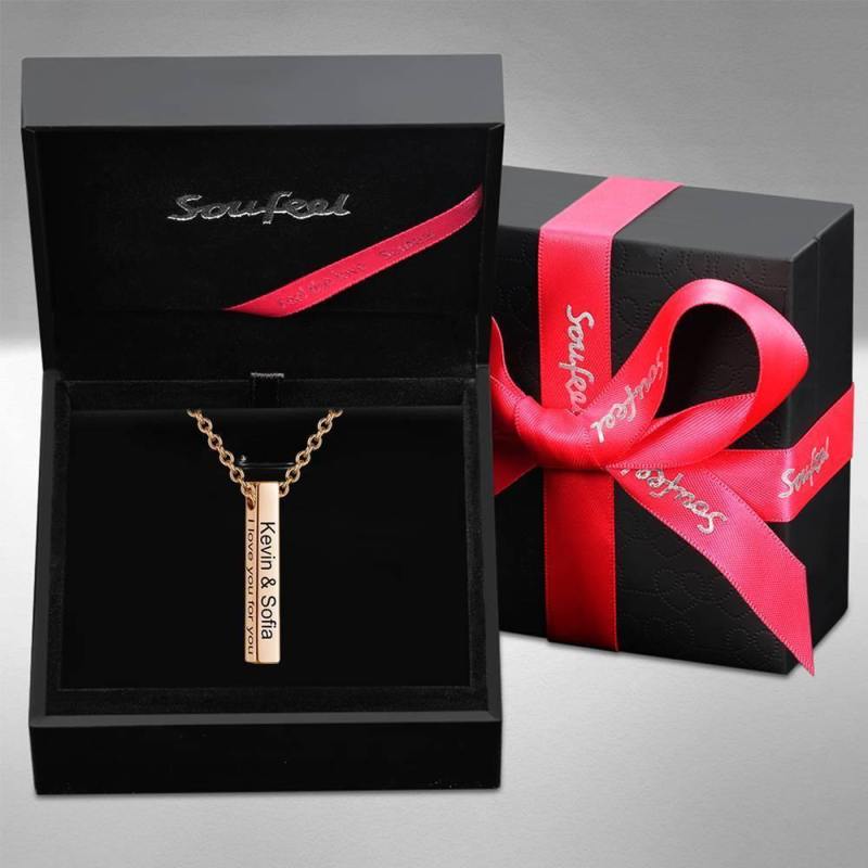 3D Engraving Bar Necklace, 4 Sided Vertical Name Necklace Rose Gold Plated 5