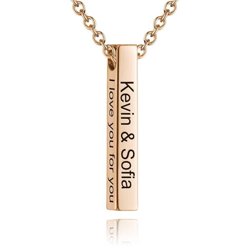 3D Engraving Bar Necklace, 4 Sided Vertical Name Necklace Rose Gold Plated 6