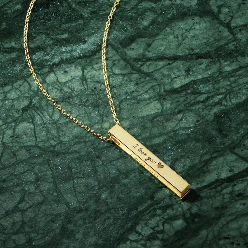 3D Engraving Bar Necklace, 4 Sided Vertical Name Necklace Unique Gifts Golden