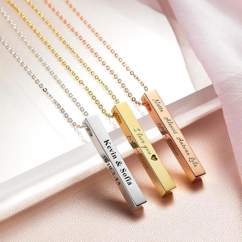 3D Engraving Bar Necklace, 4 Sided Vertical Name Necklace Unique Gifts Golden 1