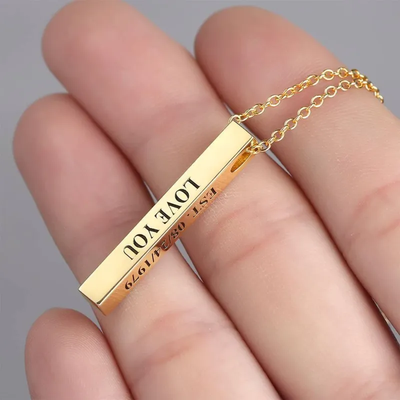 3D Engraving Bar Necklace, 4 Sided Vertical Name Necklace Unique Gifts Golden 4