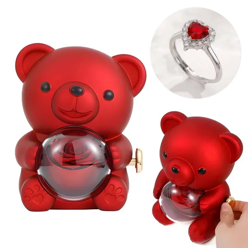 Adjustable Love Ring Couple Ring with Rose Bear Giftbox for Her