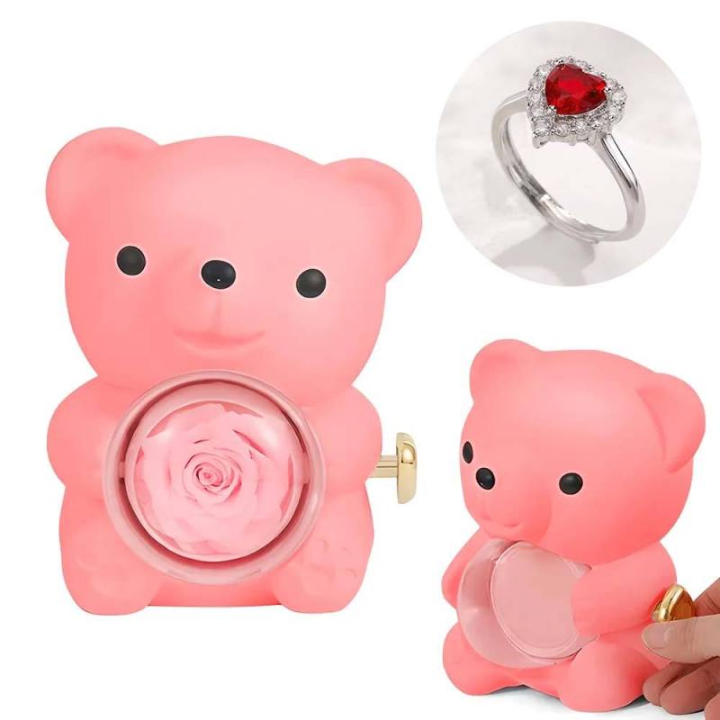 Adjustable Love Ring Couple Ring with Rose Bear Giftbox for Her 2