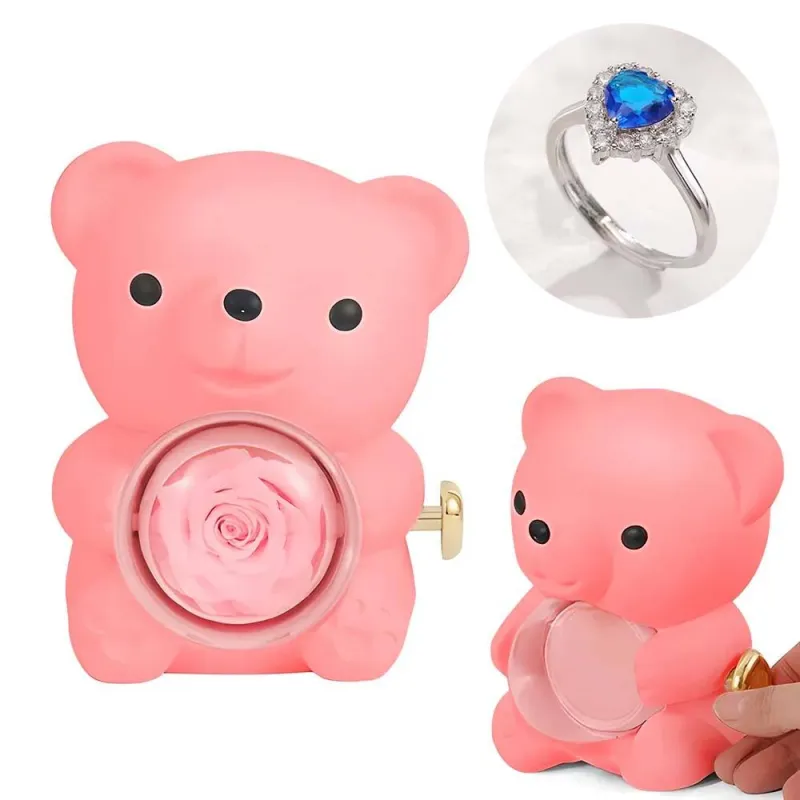 Adjustable Love Ring Couple Ring with Rose Bear Giftbox for Her 5