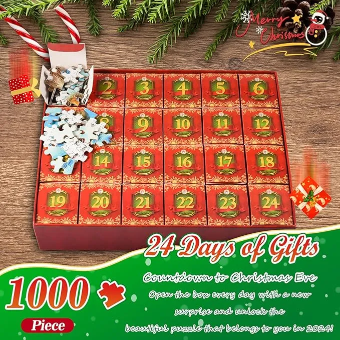 Advent Calendar 2024 Christmas Jigsaw Puzzles 24 Days Surprise Christmas Countdown Calendars 1000 pieces Jigsaw Puzzles for Adult Families Great Stocking Stuffer Christmas Gifts Puzzle Home Decoration 5