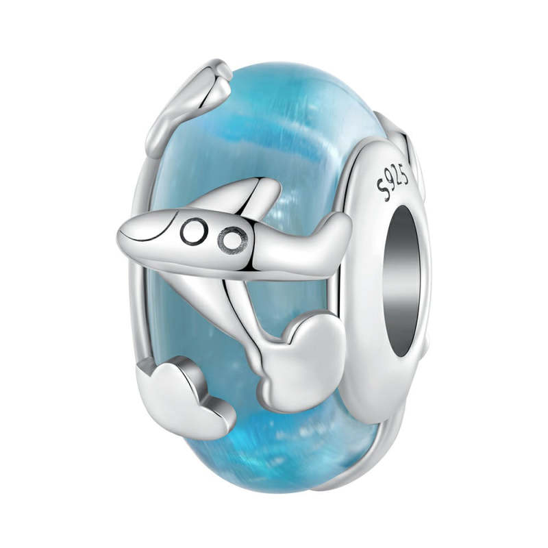 Aircraft Glass Blue Glass Charm Silver