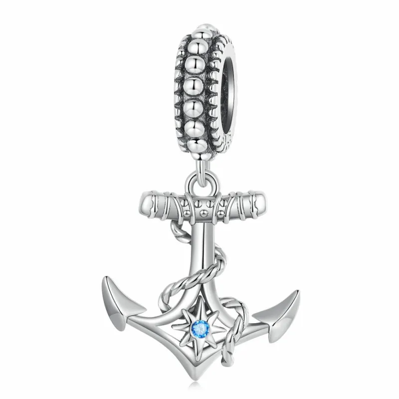 Anchor with Blue Star Dangle Charm Silver