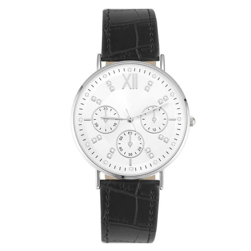 Automatic Watch White Dial Black Leather Strap - Men's