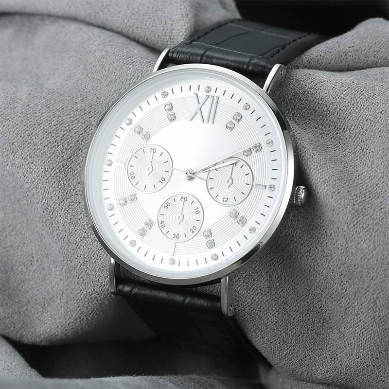 Automatic Watch White Dial Black Leather Strap - Men's 3