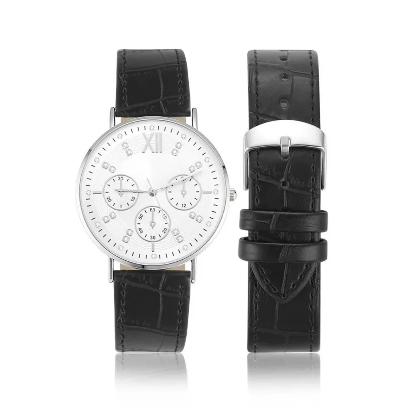 Automatic Watch White Dial Black Leather Strap - Men's 4