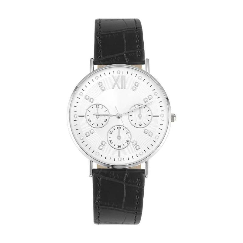 Automatic Watch White Dial Black Leather Strap - Women's