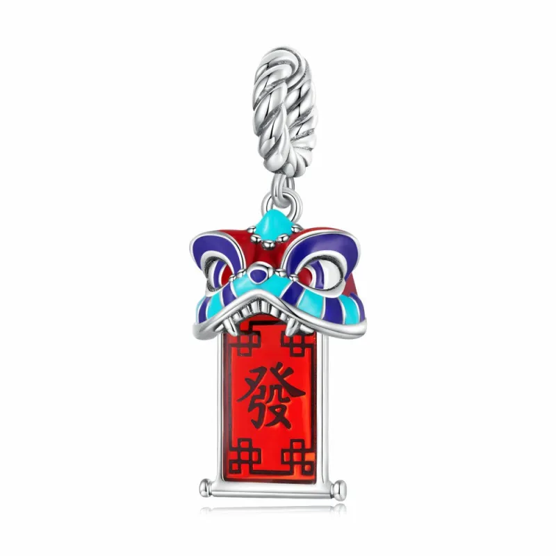 Awakening Lion with Red Rich Sign Dangle Charm Silver