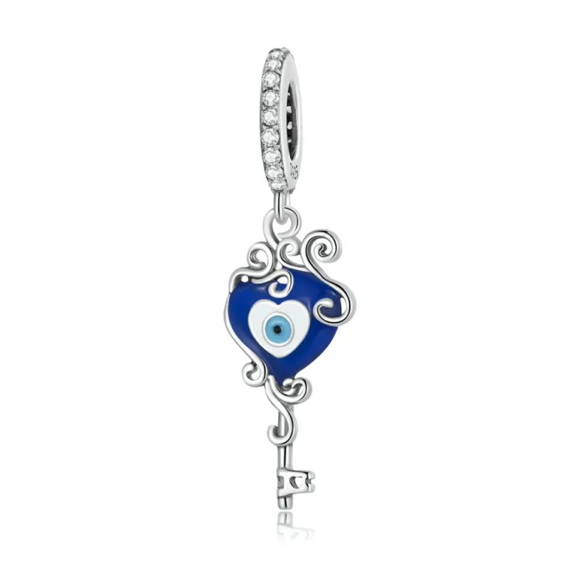 Blue Heart Evil Eye Dangle Charm Silver