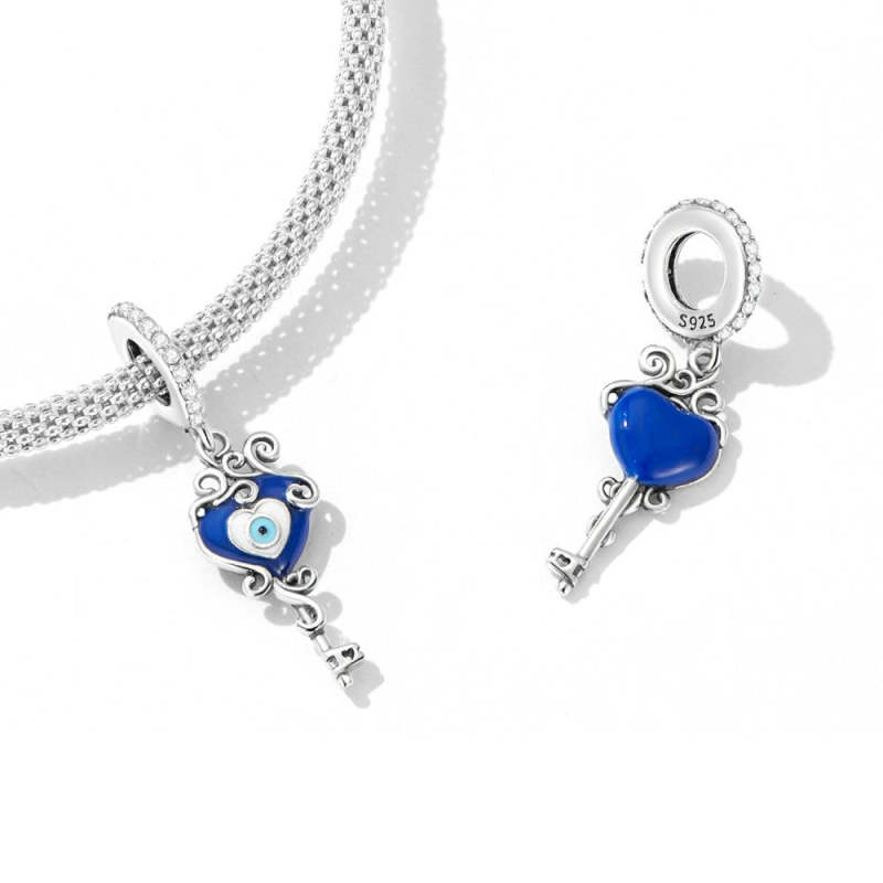 Blue Heart Evil Eye Dangle Charm Silver 2