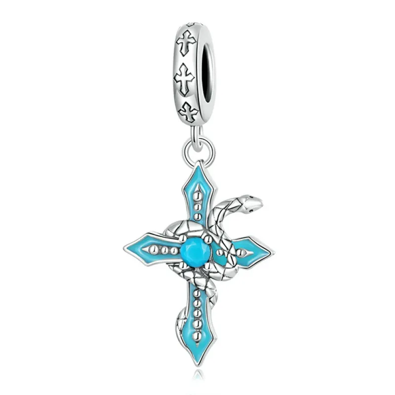 Blue Spiritual Serpent Cross Dangle Charm Silver