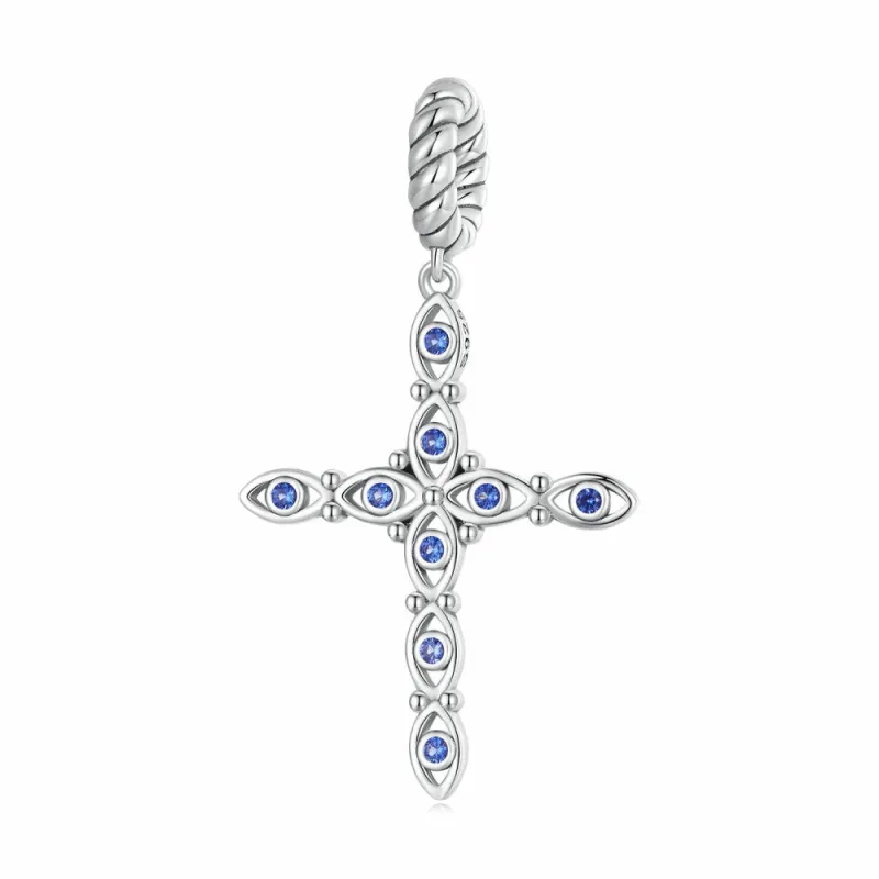 Blue Zircon Cross Dangle Charm Silver