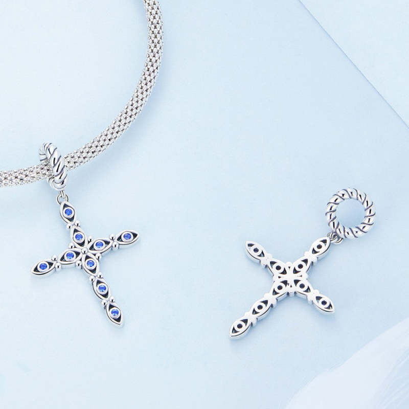 Blue Zircon Cross Dangle Charm Silver 2