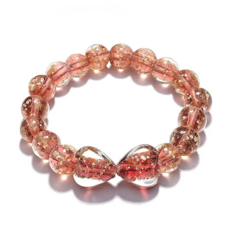 Brown Heart-to-Heart Firefly Glass Stretch Beaded Bracelet Glow in the Dark Luminous Bracelet