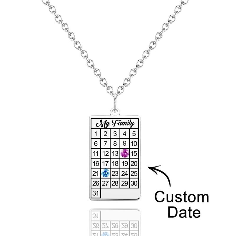 Calendar Necklace with Birthstone Gold Wedding Date Necklace Customized Calendar Gift for Her