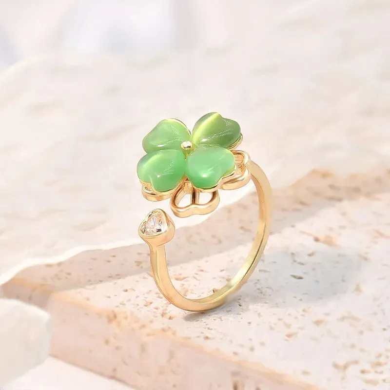 Cat's Eye Four Leaf Clover  Love Anxiety Worry Fidget Spinner Ring 3