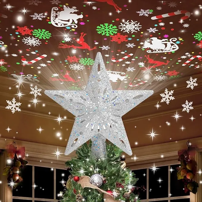 Christmas Tree Topper Star Lighted With 6 Projection Modes Christmas Star Tree Topper With Led Rotating Lights Gold Tree Topper 3d Glitter Dynamic Projection For Xmas Party Holiday Decorations