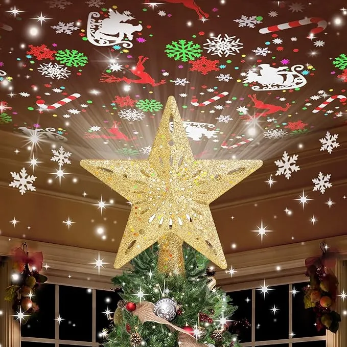 Christmas Tree Topper Star Lighted With 6 Projection Modes Christmas Star Tree Topper With Led Rotating Lights Gold Tree Topper 3d Glitter Dynamic Projection For Xmas Party Holiday Decorations 1