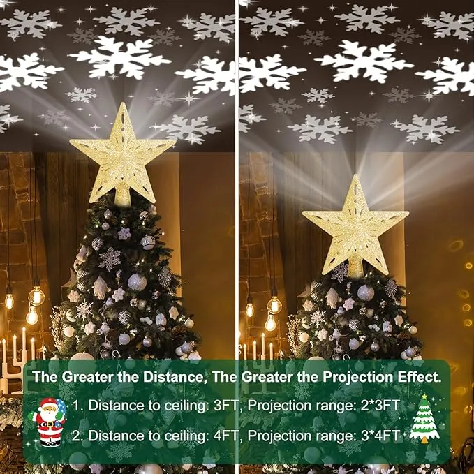 Christmas Tree Topper Star Lighted With 6 Projection Modes Christmas Star Tree Topper With Led Rotating Lights Gold Tree Topper 3d Glitter Dynamic Projection For Xmas Party Holiday Decorations 4