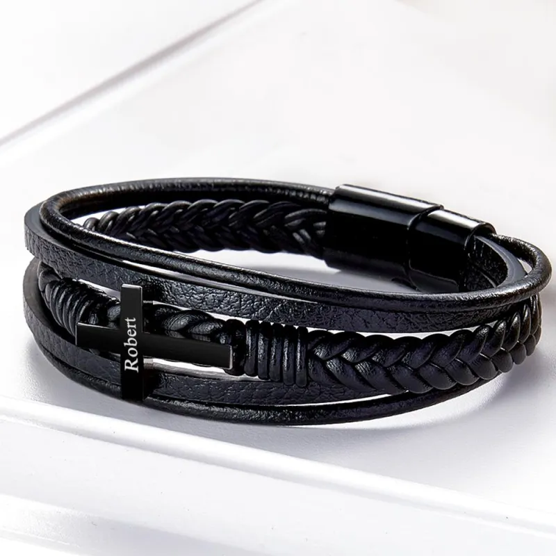 Classic Style Cross Men Bracelet Multi Layer Stainless Steel Leather Bangles for Friend Fashion Jewelry Gifts 6