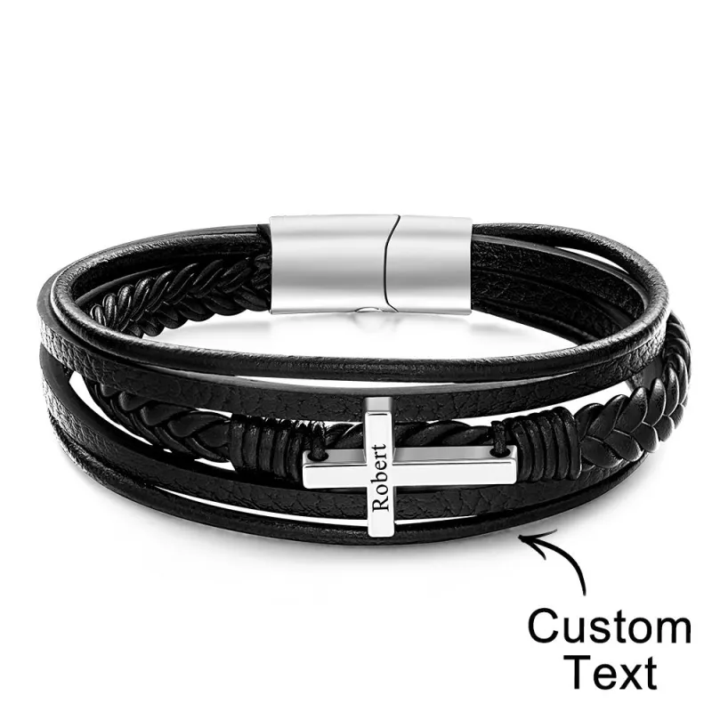 Classic Style Cross Men Bracelet Multi Layer Stainless Steel Leather Bangles for Friend Fashion Jewelry Gifts