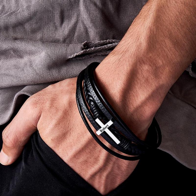 Classic Style Cross Men Bracelet Multi Layer Stainless Steel Leather Bangles for Friend Fashion Jewelry Gifts 3