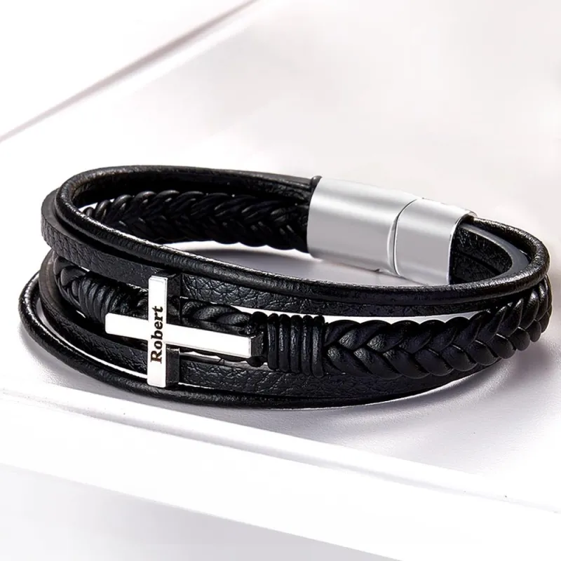 Classic Style Cross Men Bracelet Multi Layer Stainless Steel Leather Bangles for Friend Fashion Jewelry Gifts 2