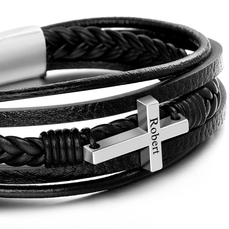 Classic Style Cross Men Bracelet Multi Layer Stainless Steel Leather Bangles for Friend Fashion Jewelry Gifts 1