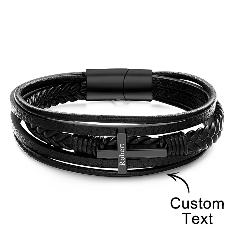 Classic Style Cross Men Bracelet Multi Layer Stainless Steel Leather Bangles for Friend Fashion Jewelry Gifts 4