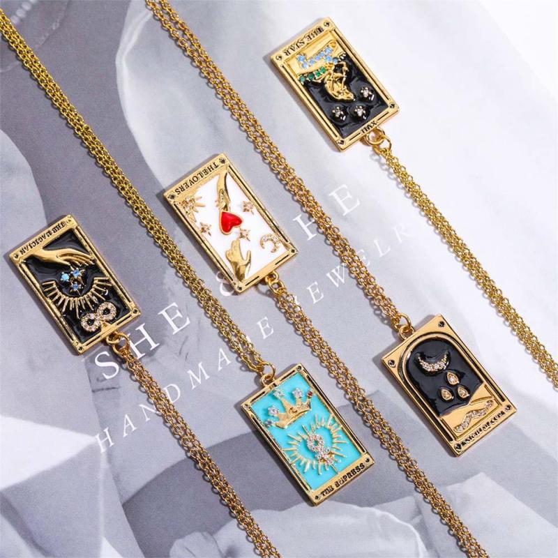 Colorful Tarot Cards Symbolic Necklace Dripping Oil Pendant Enamel Necklace With Rhinestones Gift 3