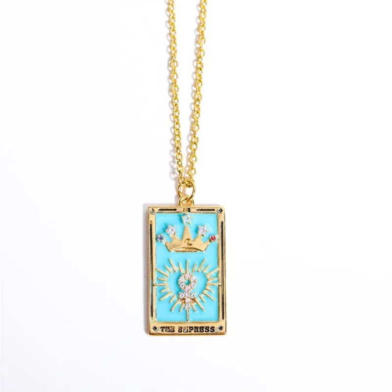 Colorful Tarot Cards Symbolic Necklace Dripping Oil Pendant Enamel Necklace With Rhinestones Gift 1