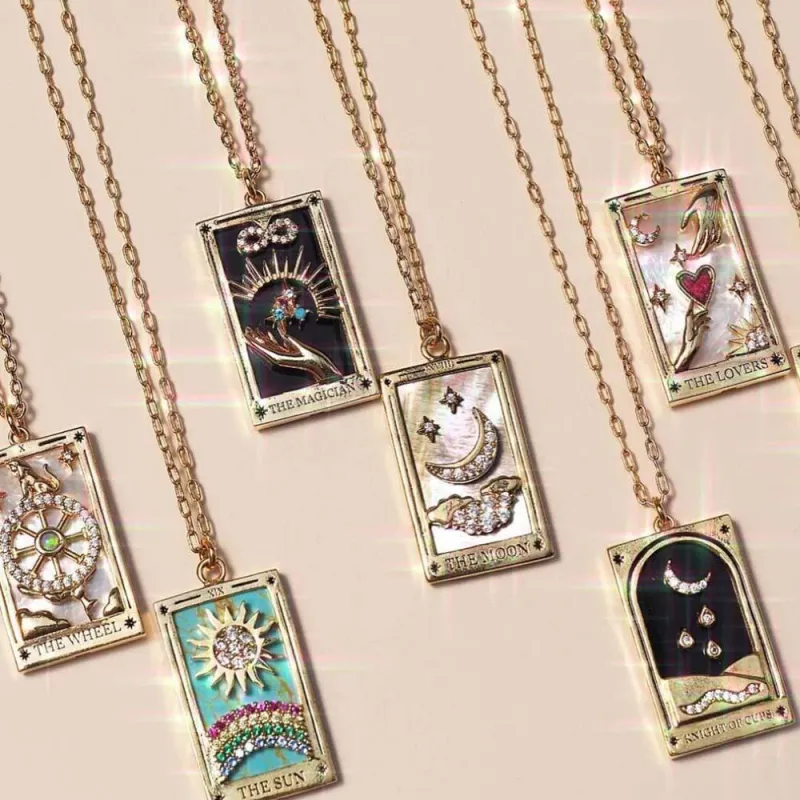 Colorful Tarot Cards Symbolic Necklace Dripping Oil Pendant Enamel Necklace With Rhinestones Gift