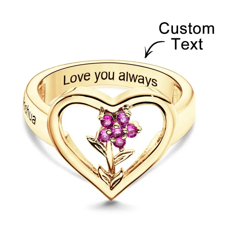 Custom Birthstone Engraved Rings Creative Flowers Gold Gifts