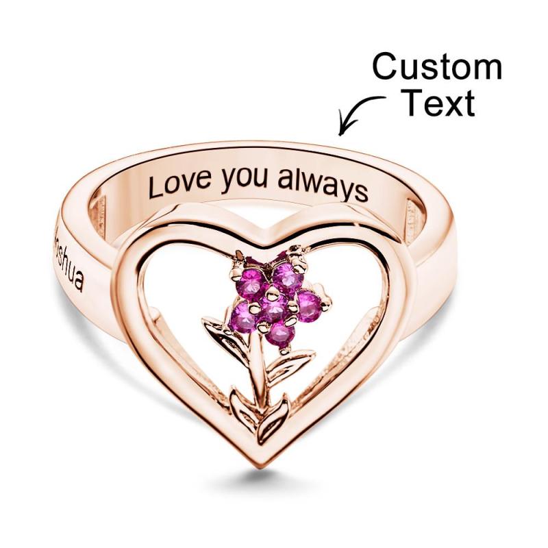 Custom Birthstone Engraved Rings Creative Flowers Rose Gold Gifts