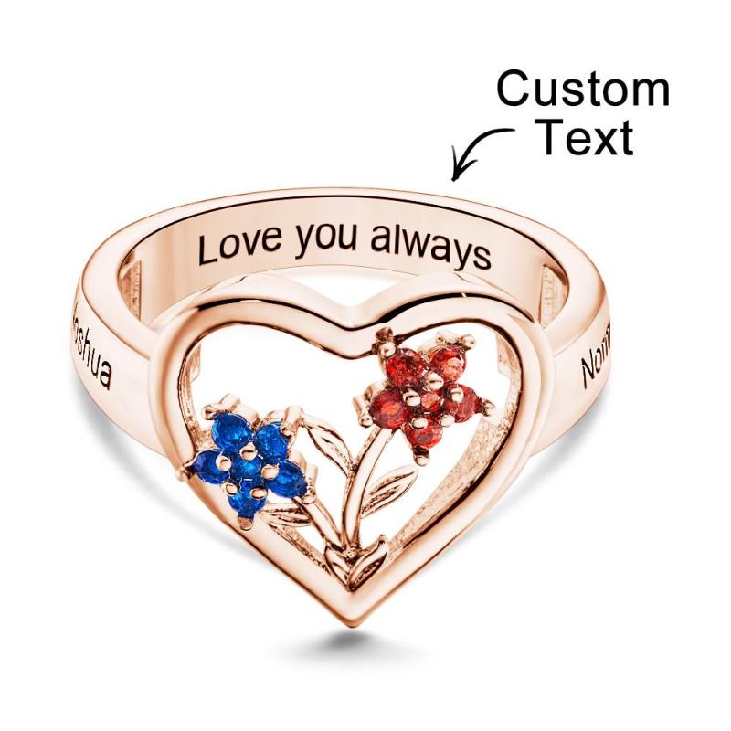 Custom Birthstone Engraved Rings Creative Flowers Rose Gold Gifts 4