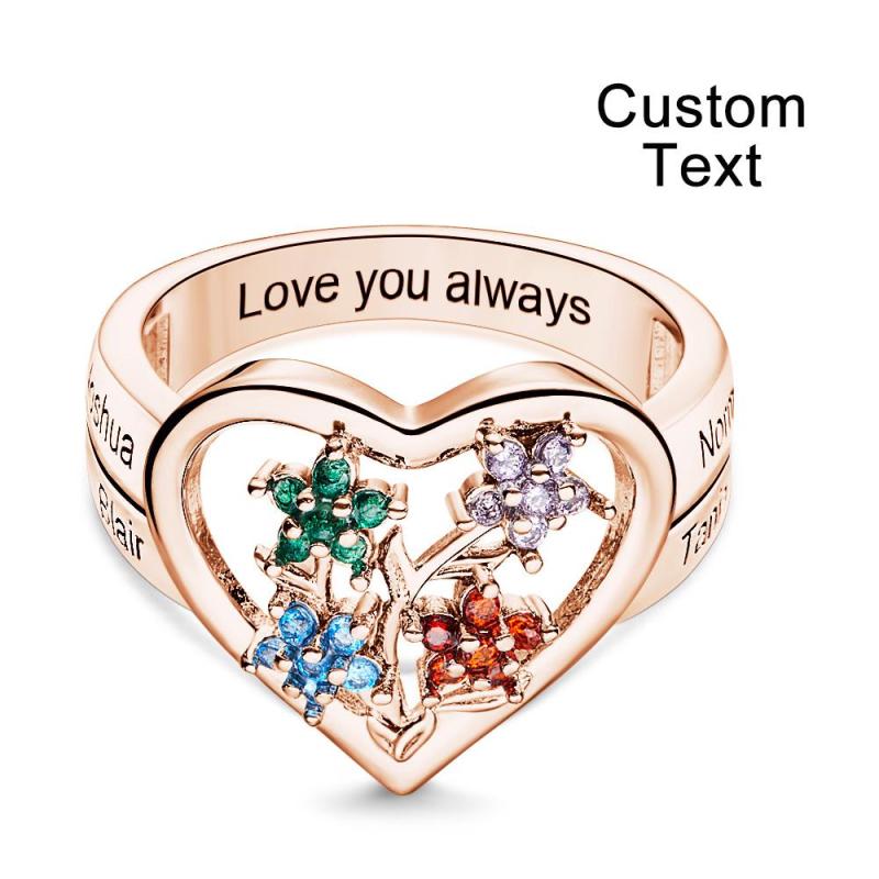 Custom Birthstone Engraved Rings Creative Flowers Rose Gold Gifts 6