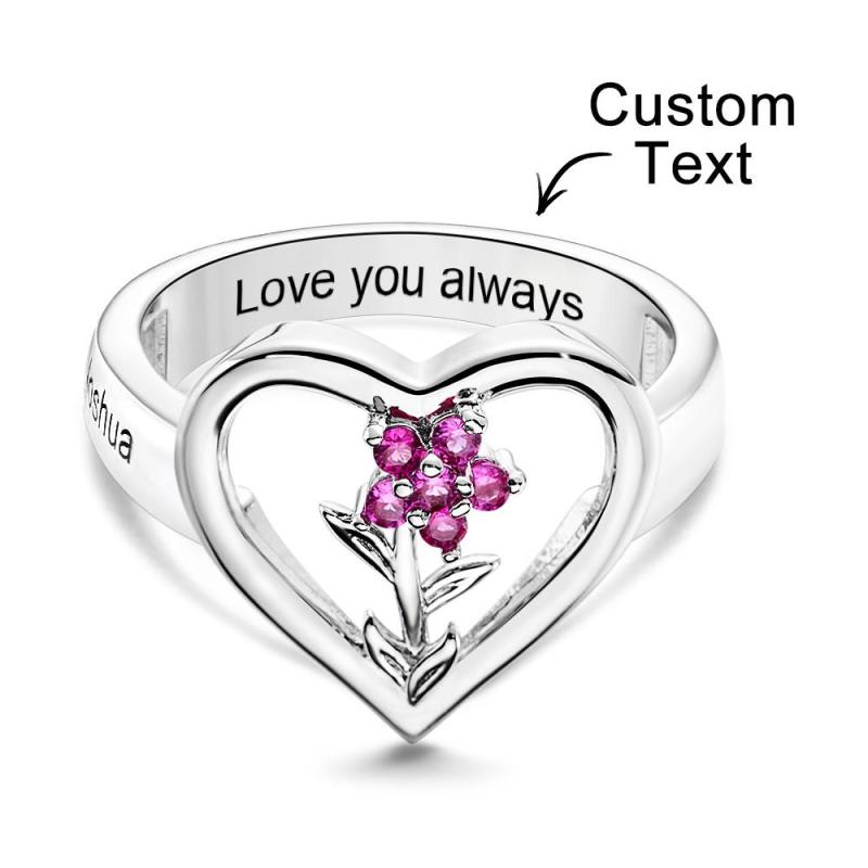 Custom Birthstone Engraved Rings Creative Flowers Silver Gifts