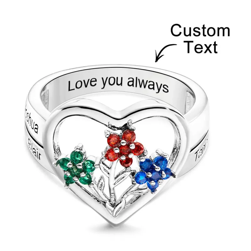 Custom Birthstone Engraved Rings Creative Flowers Silver Gifts 5