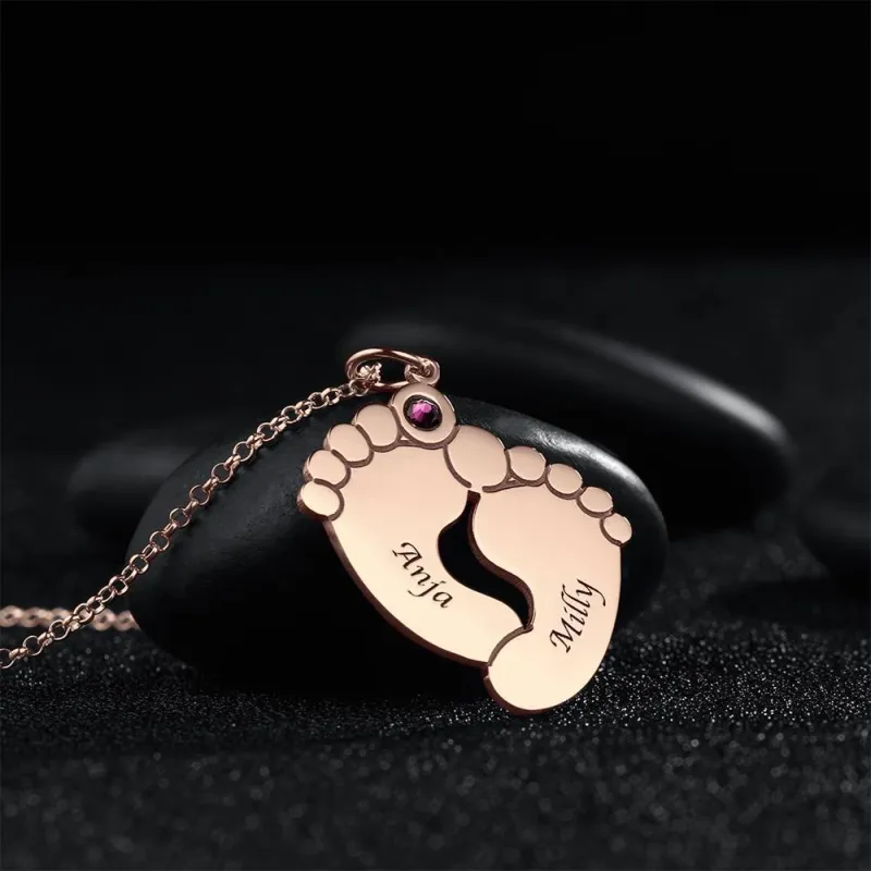 Custom Birthstone Necklace with Engraving, Cute Feet Name Necklace Rose Gold Plated - Silver 3