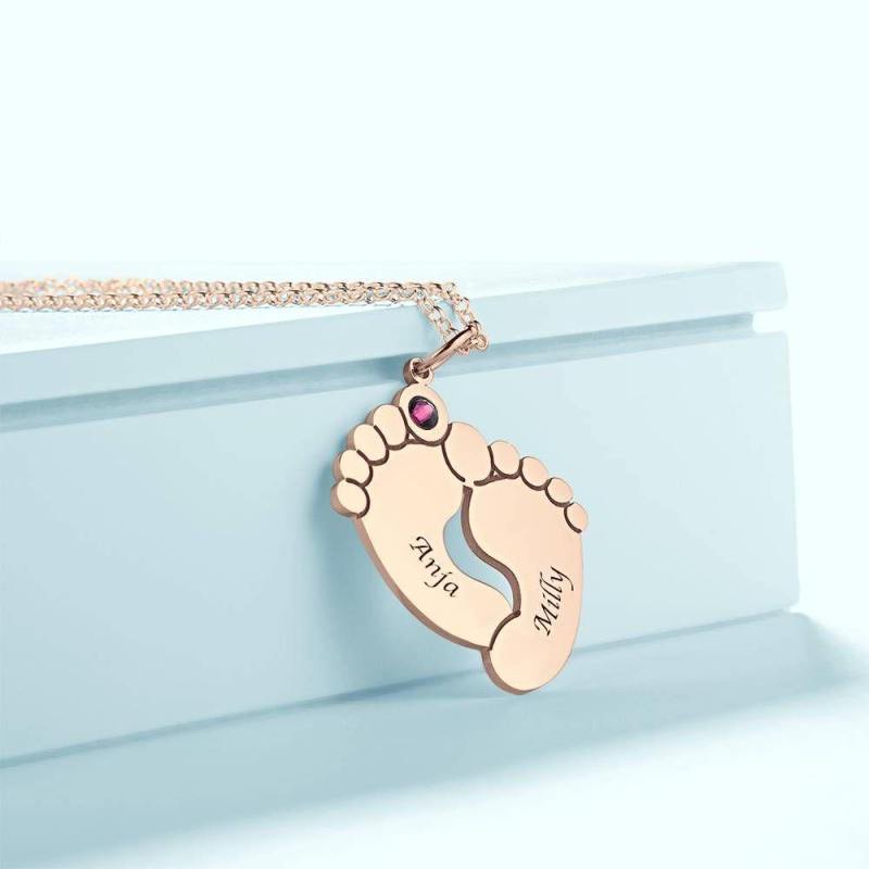 Custom Birthstone Necklace with Engraving, Cute Feet Name Necklace Rose Gold Plated - Silver 2