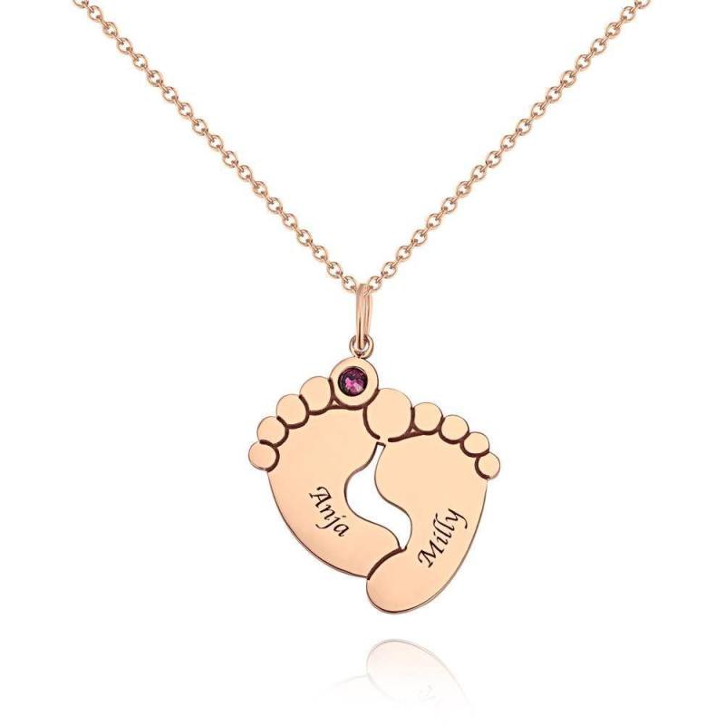 Custom Birthstone Necklace with Engraving, Cute Feet Name Necklace Rose Gold Plated - Silver 5